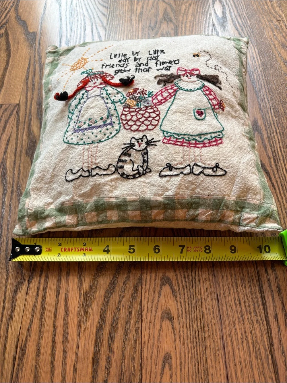 Vintage handmade embroidered friendship country cat pillow